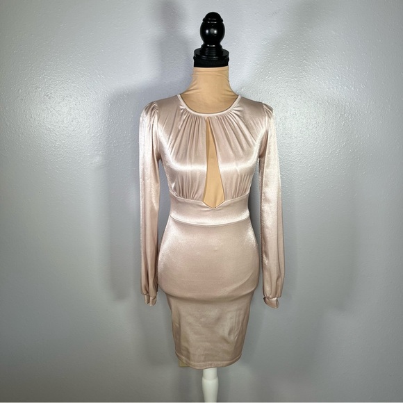 Lurelly Champagne sheen keyhole cut out longsleeve mini dress XS holiday NYE - Picture 2 of 16